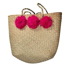 Woven Straw Tote Bag with Bright Pink Pom Poms - Target - Beach, Market‎